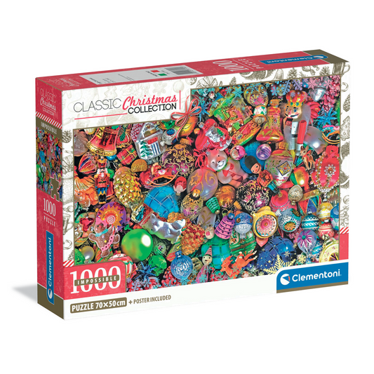 Puzzle Impossible Jolly Christmas da Clementoni, colagem de enfeites de Natal vintage