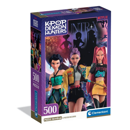 Puzzle KPop Demon Hunters HUNTR/X - Clementoni - 500 Peças, caixa do puzzle oficial Netflix