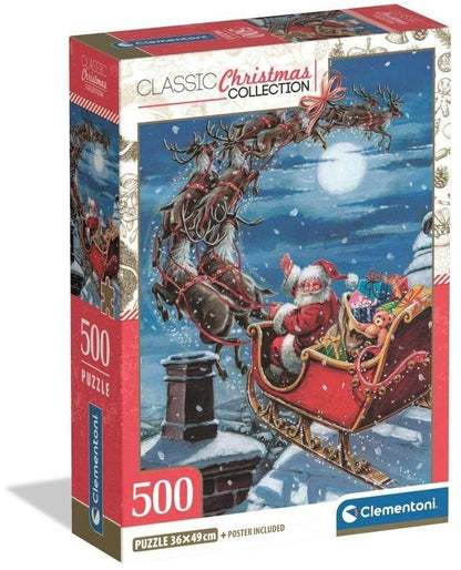 Puzzle Midnight Sleigh Ride Clementoni 500 peças, Pai Natal e renas a voar sob a lua cheia