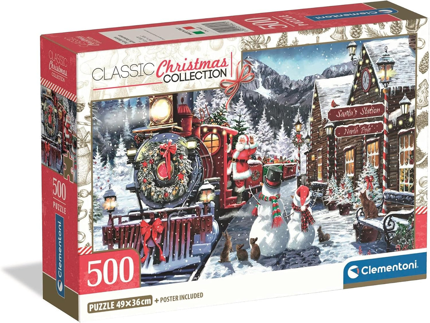 Puzzle Train Station with Snowman Clementoni 500 peças, comboio a vapor e bonecos de neve no Polo Norte