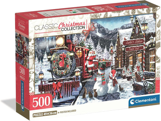 Puzzle Train Station with Snowman Clementoni 500 peças, comboio a vapor e bonecos de neve no Polo Norte