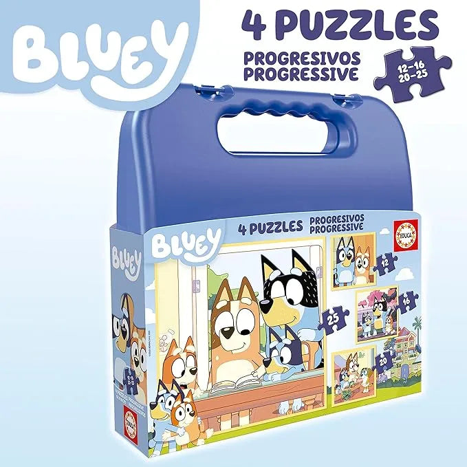 Mala 4 Puzzles Progressivos Bluey – Educa - 12, 16, 20 e 25 Peças