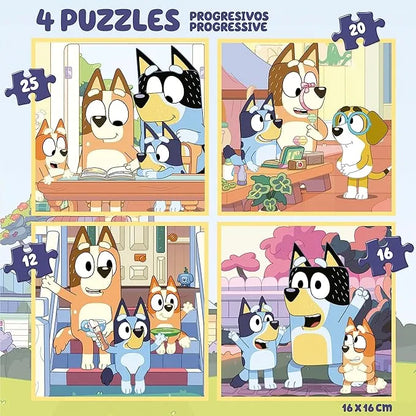 Mala 4 Puzzles Progressivos Bluey – Educa - 12, 16, 20 e 25 Peças