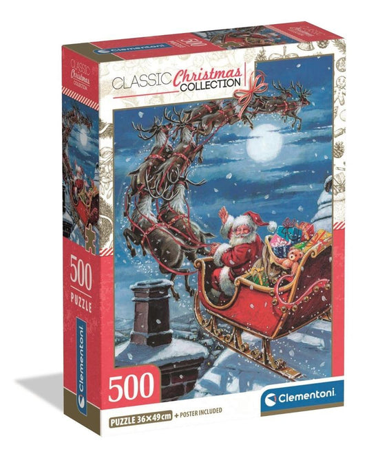 Caixa do puzzle Clementoni Midnight Sleigh Ride 500 peças Classic Christmas Collection