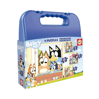 Mala 4 Puzzles Progressivos Bluey – Educa - 12, 16, 20 e 25 Peças
